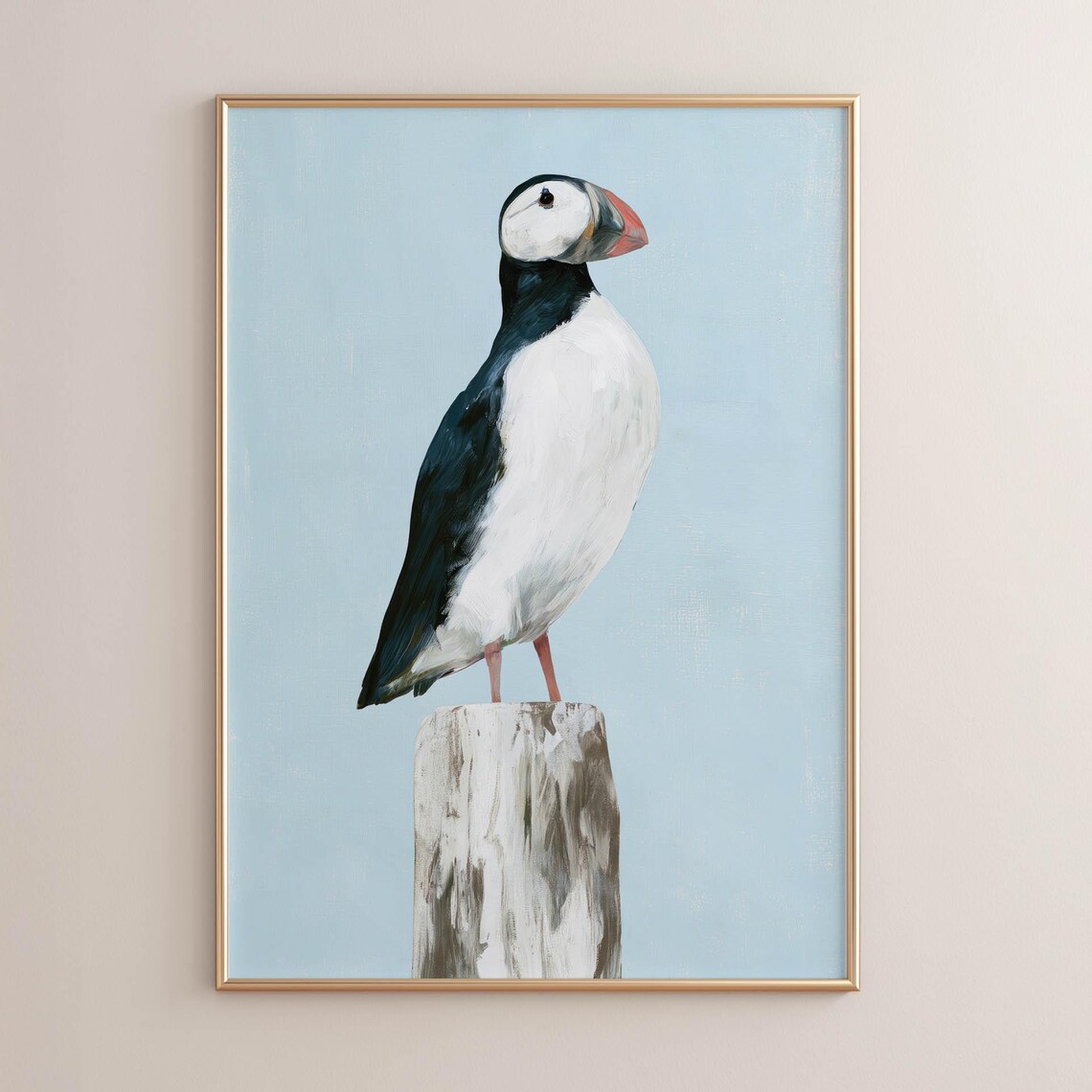 Atlantic Puffin Coastal Seabird Painting Perched White Post Pale Blue Wall Art