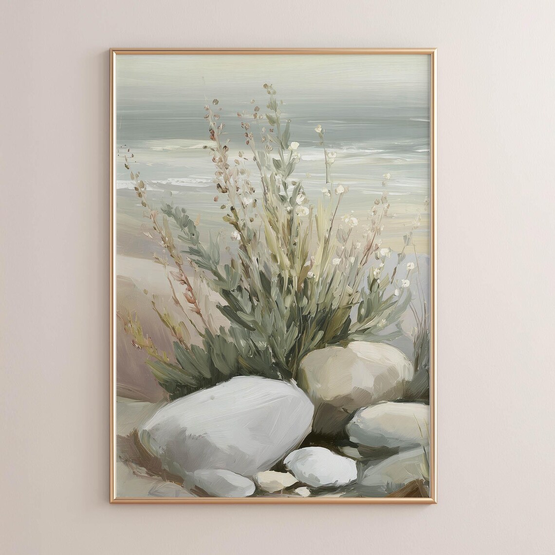 Coastal Wildflowers With Rocks By The Sea Muted Neutral Painting Poster