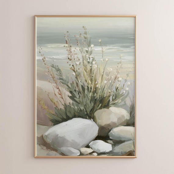 Printed Coastal Wildflower Painting With Rocks Serene Beach Scene Neutral Sage Green Wall Art Vintage Farmhouse Decor P441