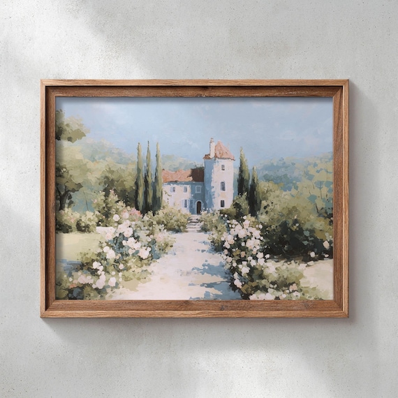 Vintage Print Of Stone Country Manor Cottagecore Style Impressionistic Farmhouse Art With Garden Path And Romantic Blue Sky P129