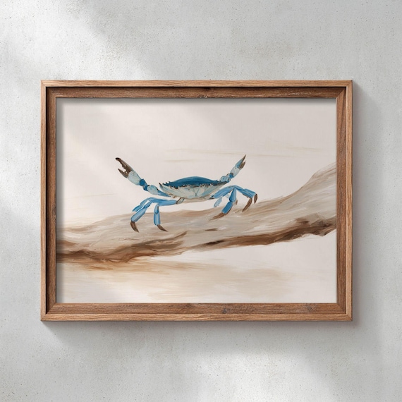Printed Blue Crab On Driftwood Wall Art Coastal Landscape Painting Rustic Nautical Decor Neutral Beach Poster Country Home Print 0707