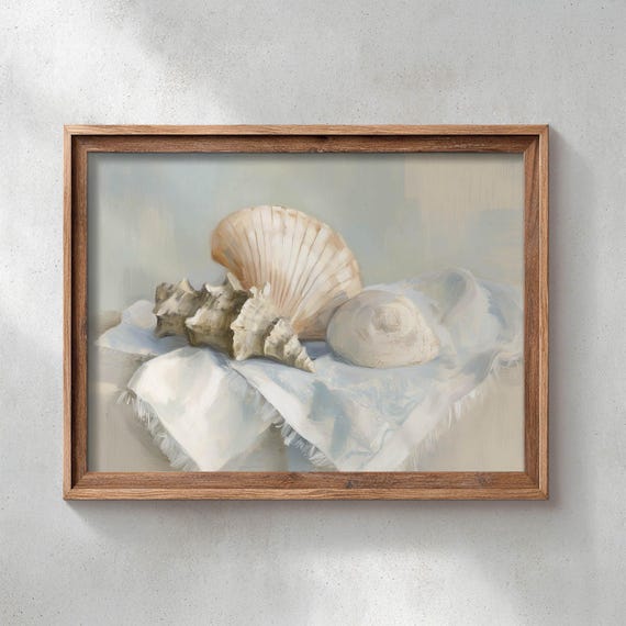 Printed Seashell Still Life Painting Neutral Coastal Wall Art Vintage Beach Decor Farmhouse Seaside P418
