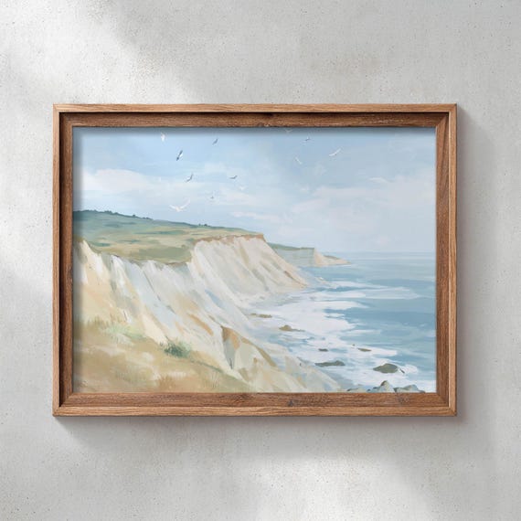 Printed Coastal White Cliffs Seascape Blue Summer Seaside Landscape Painting Romantic Vintage Chalk Cliff Wall Art P638