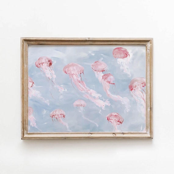 Pink Jellyfish Floating Soft Blue Dreamy Underwater Wall Art