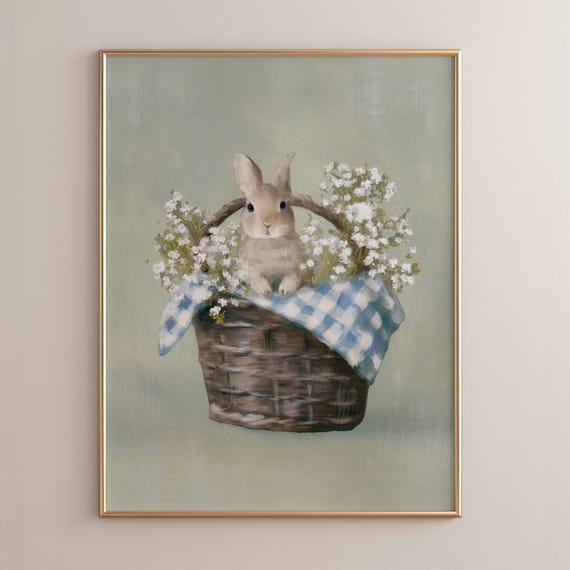 Soft Green Bunny In Basket Poster Print Cute Cottagecore Farmhouse Style Muted Pastel Spring Nursery Art Easter P197