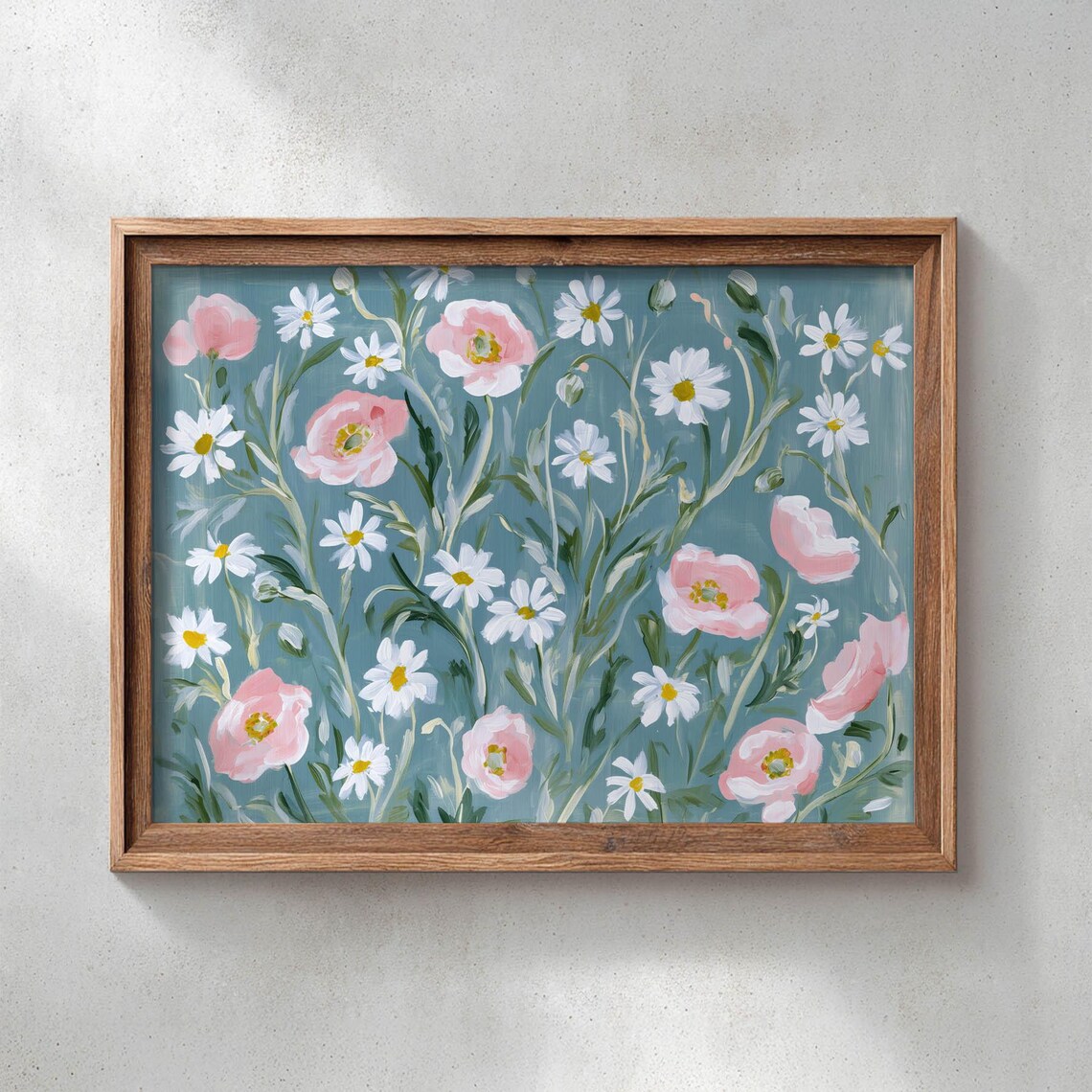 Pink Poppies And White Daisies Teal Wildflower Painting Art Print