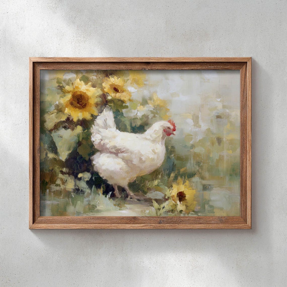 White Hen With Sunflowers Rustic Farmhouse Kitchen Poster Art Decor