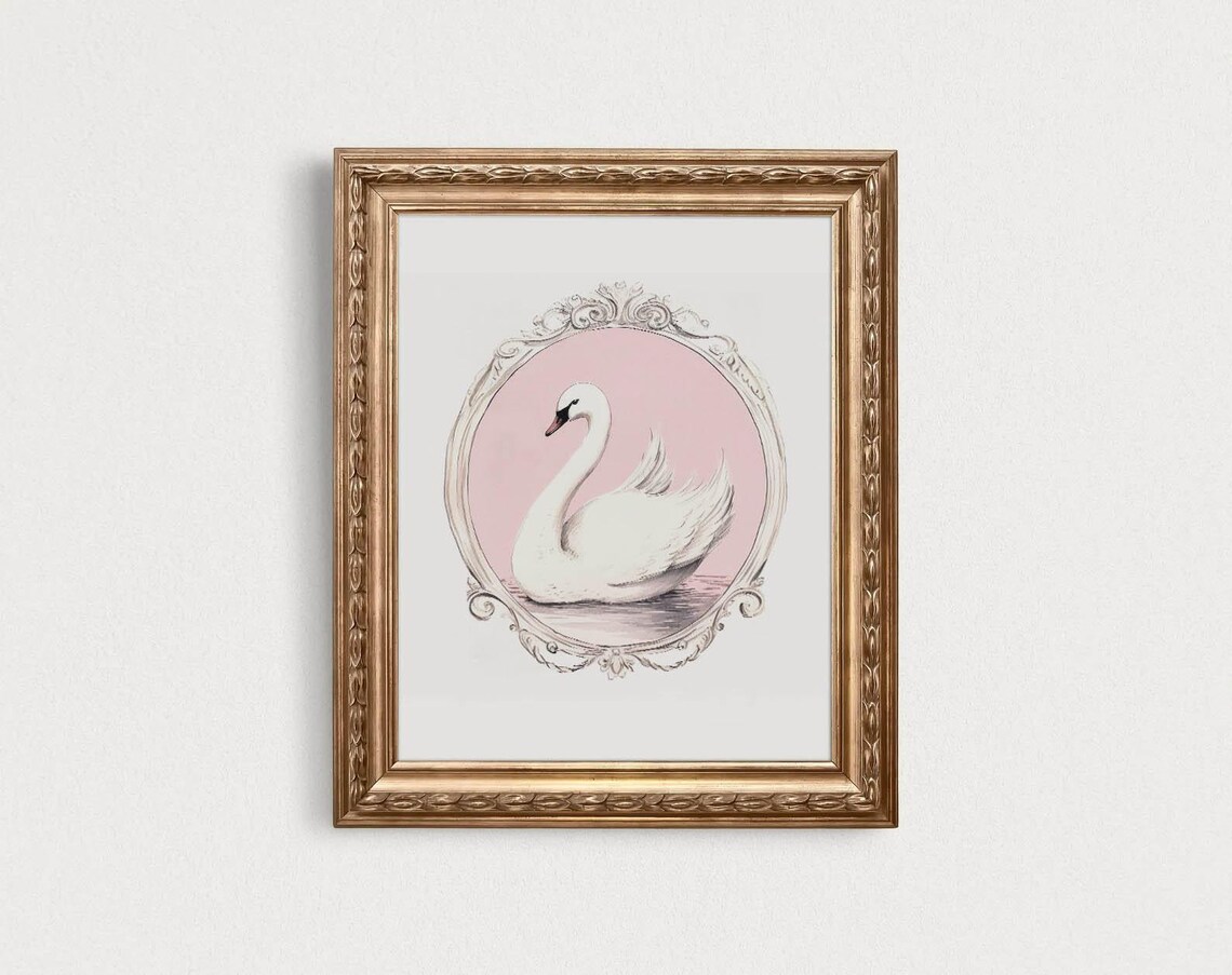 Vintage Swan Art Print, Preppy Bird Wall Decor