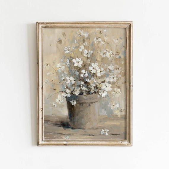 Muted Beige White Wildflower Clay Pot Printable Rustic Still Life Wall Art Vintage Farmhouse Decor Neutral Cottage Painting Download 615