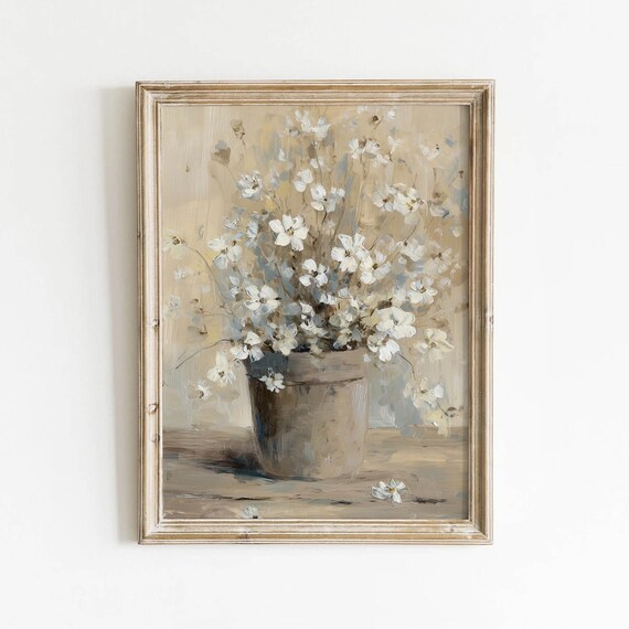 White Wildflowers Clay Pot Vintage Neutral Beige Still Life Poster