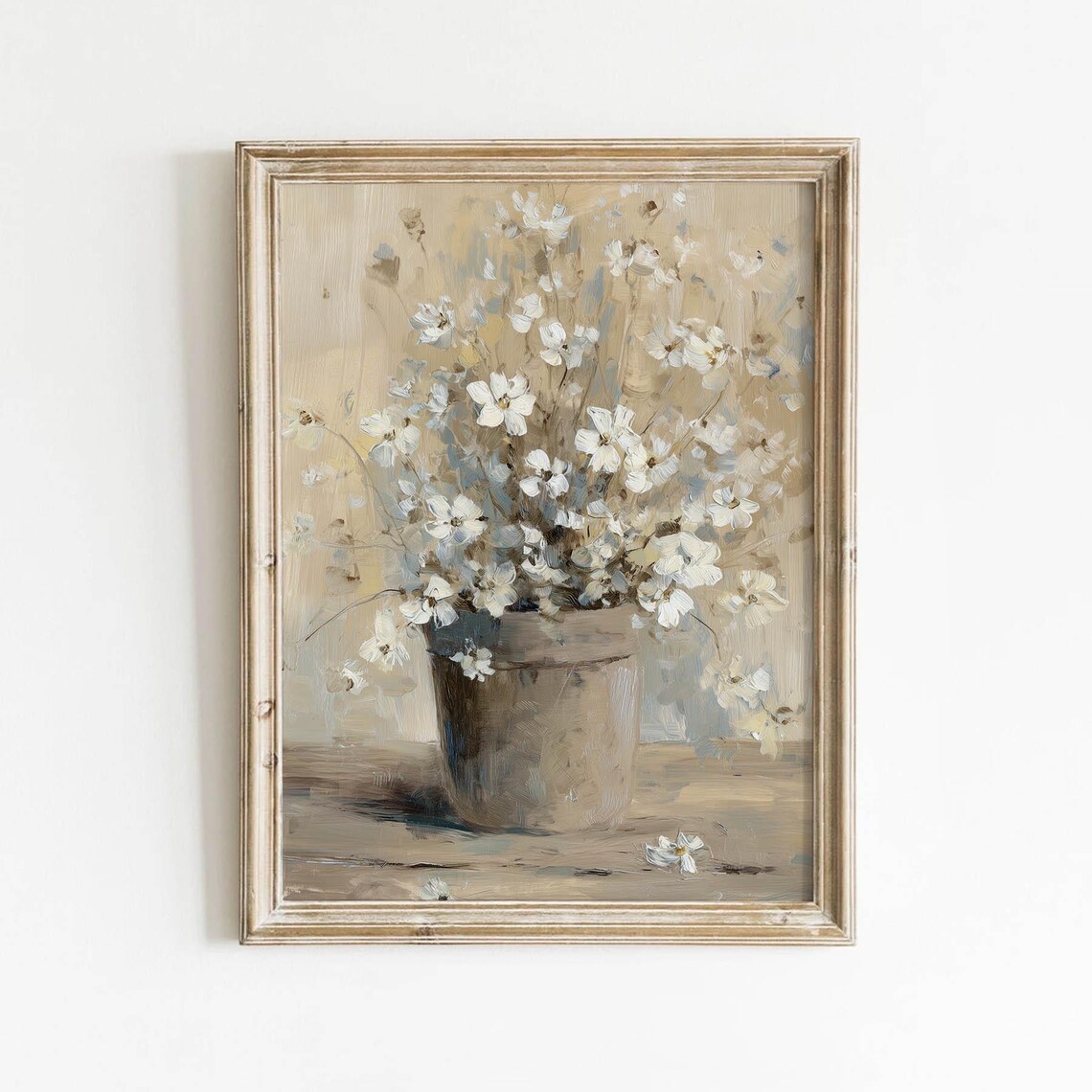 White Wildflowers Clay Pot Vintage Neutral Beige Still Life Poster