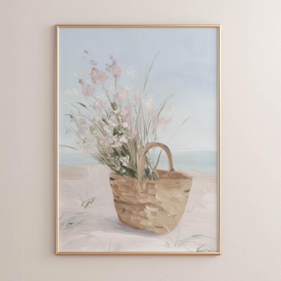 Printed Straw Basket Wildflower Poster Pastel Pink White Green Coastal Cottagecore Art Style Beachy Floral Wall Print Decor P388