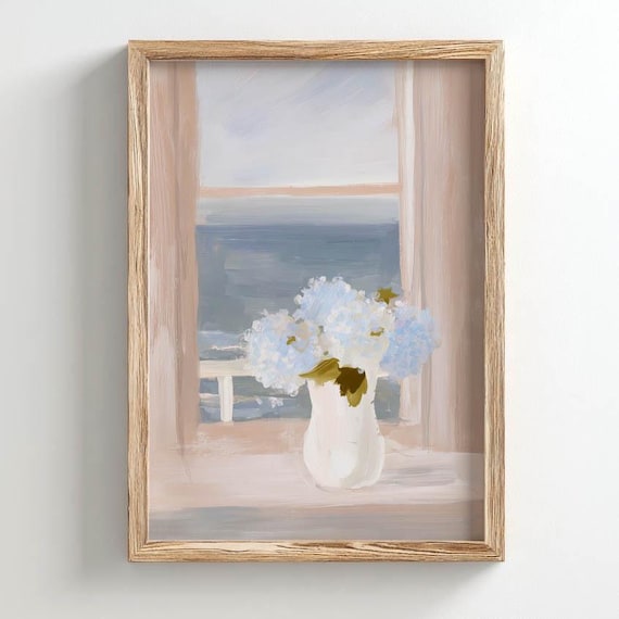 White Hydrangeas in Vase by a Coastal Window Sea View Art Poster