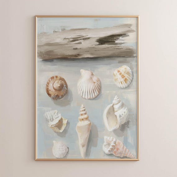 Printed Coastal Seashell Collection Study Wall Art Neutral Beach House Decor Vintage Natural History Painting Print P421