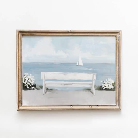 Printable White Bench Coastal Landscape Art Serene Sailboat Seascape Neutral Wall Decor Hydrangeas Digital Download 731