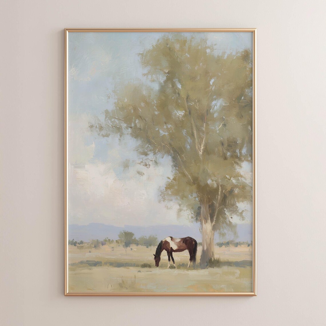 Horse Grazing Under Large Tree, Rustic Vintage Poster Print
