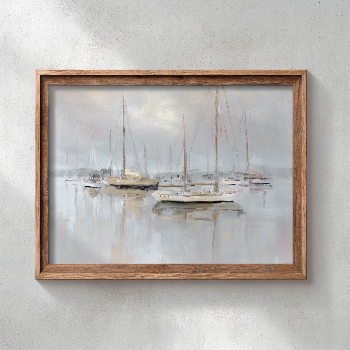 Misty Harbor Sailboats Soft Gray Morning Nautical Landscape Poster