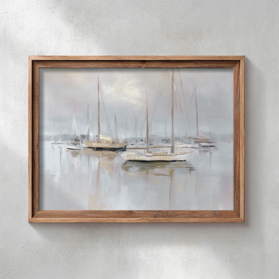 Misty Harbor Sailboats Soft Gray Morning Nautical Landscape Poster