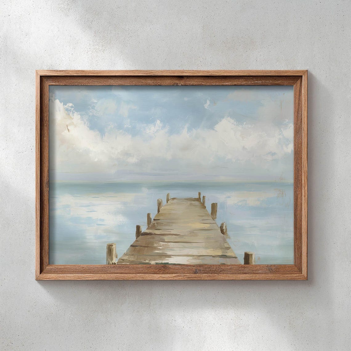 Wooden Dock Stretching Over Calm Water Serene Coastal Landscape Poster
