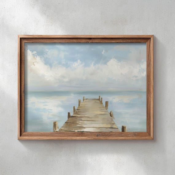 Printed Wooden Dock Over Calm Water Coastal Landscape Wall Art Serene Lake Painting Muted Blue Gray Tones Vintage Decor P422
