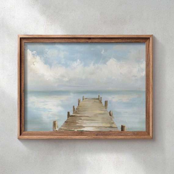 Wooden Dock Stretching Over Calm Water Serene Coastal Landscape Poster