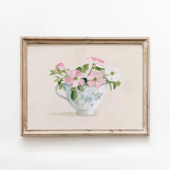Vintage Floral Teacup Blush Pink Flowers Cottagecore Wall Art