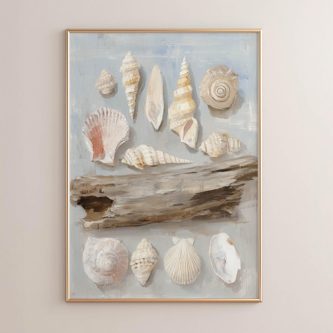 Coastal Seashell Collection Study With Driftwood Neutral Wall Art