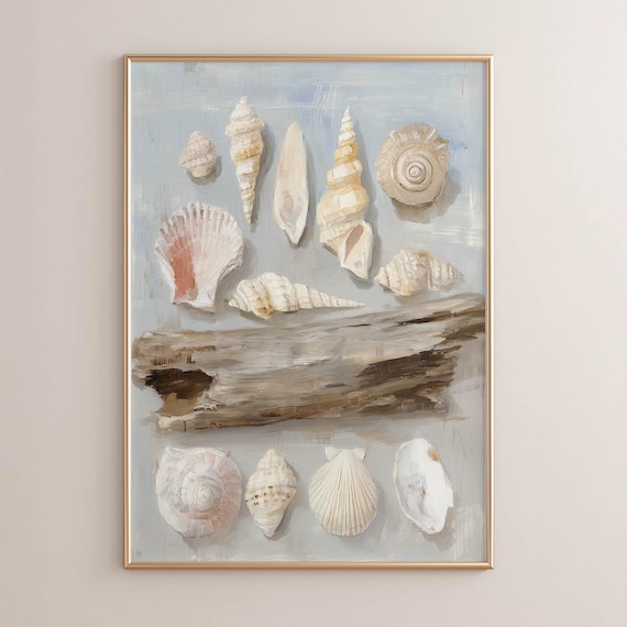 Coastal Seashell Collection Study With Driftwood Neutral Wall Art