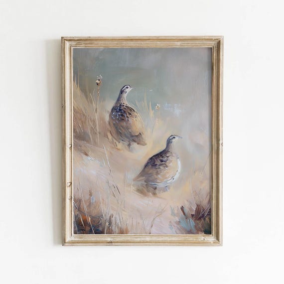 Muted Beige Tan Quail Birds Dried Grass Printable Rustic Wildlife Wall Art Vintage Neutral Decor Winter Landscape Painting Download 613