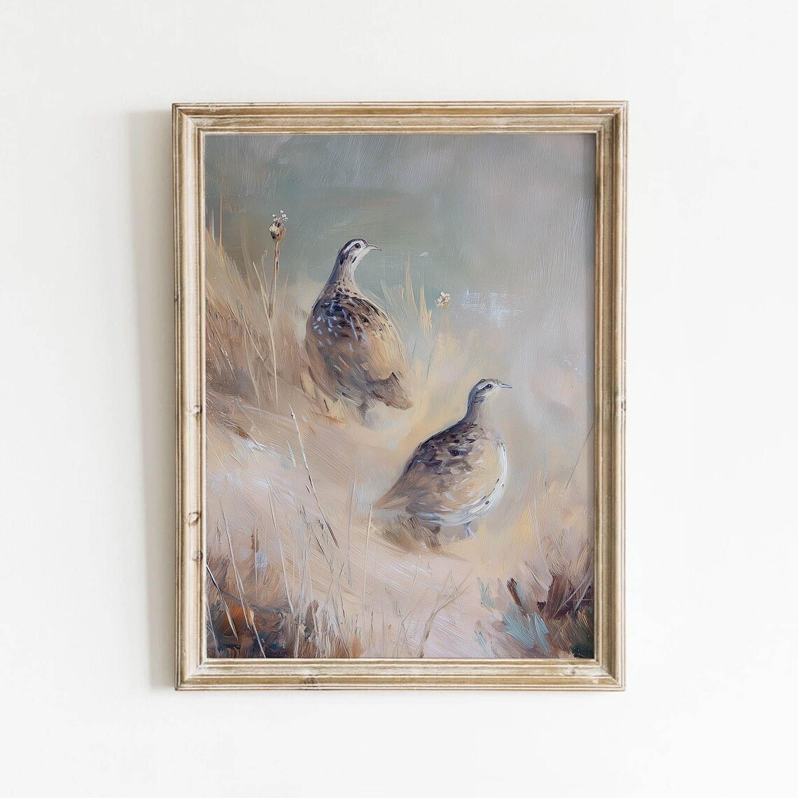 Pair Of Quail Birds Dried Grass Muted Rustic Wildlife Art Poster