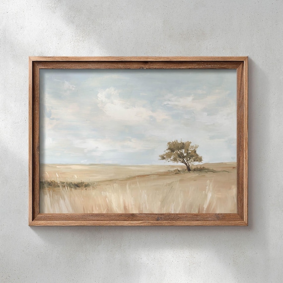 Lone Tree On A Golden Prairie Under A Soft Cloudy Sky Muted Print
