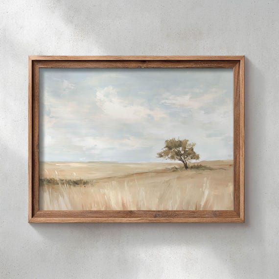 Printed Lone Tree On Prairie Landscape Golden Grassland Painting Muted Tan Beige Neutral Rustic Wall Art Oil Paint Style 0547