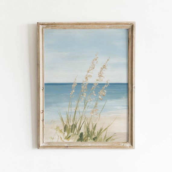 Muted Coastal Beach Grass Sage Green Ocean Horizon Painting Poster