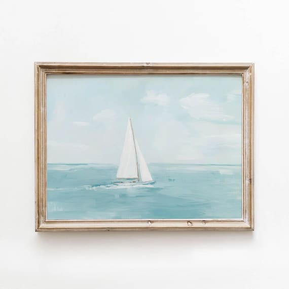 White Sailboat on Turquoise Sea Calm Minimalist Ocean Poster