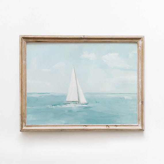 White Sailboat Printable Coastal Nautical Wall Art Minimal Boat Decor Calming Beach Turquoiseblue Download 0303
