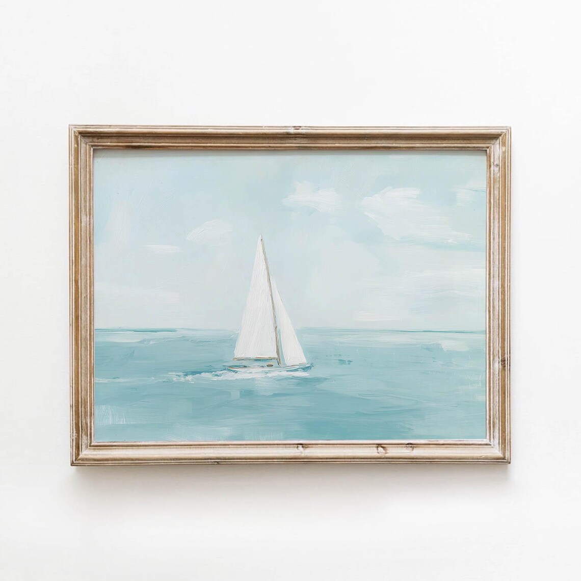 White Sailboat on Turquoise Sea Calm Minimalist Ocean Poster