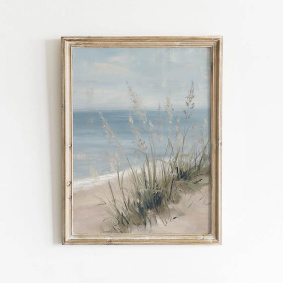 Coastal Beach Dune Grass Printable Muted Blue Ocean Wall Art Vintage Seaside Decor Neutral Sandy Landscape Cottage Nautical Download 459
