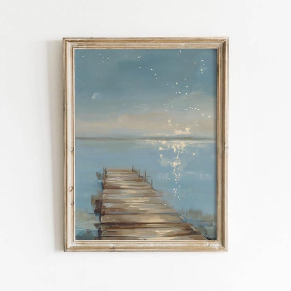 Vintage Wooden Dock Moonlight Printable Moody Blue Water Wall Art Rustic Lakeside Landscape Decor Muted Evening Digital Download 414