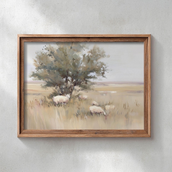 Printed Sheep Grazing Golden Meadow Rustic Landscape Poster Muted Neutral Tones Cottagecore Country Art Oil Paint Style 0536