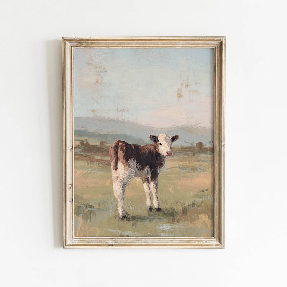 Vintage Brown and White Calf Standing in a Rustic Pasture Poster