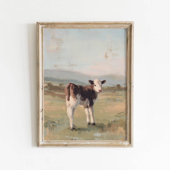 Muted Brown White Calf Printable Vintage Farmhouse Wall Art Rustic Pasture Landscape Decor Neutral Country Painting Digital Download 487