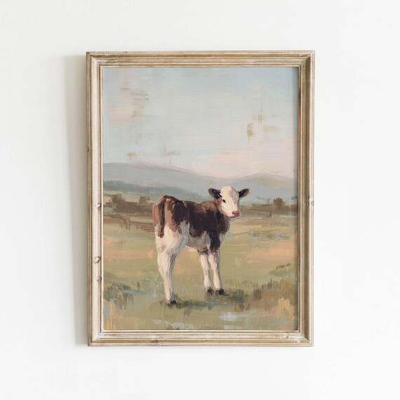 Vintage Brown and White Calf Standing in a Rustic Pasture Poster