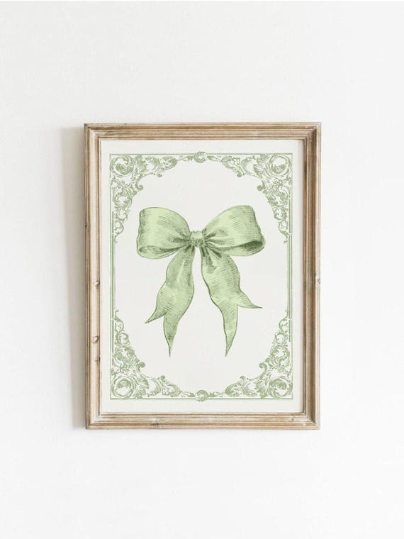 Green Coquette Bow Vintage Girly Wall Art Preppy Cute Dorm Print Light Nursery Pastel Spring 0002cv