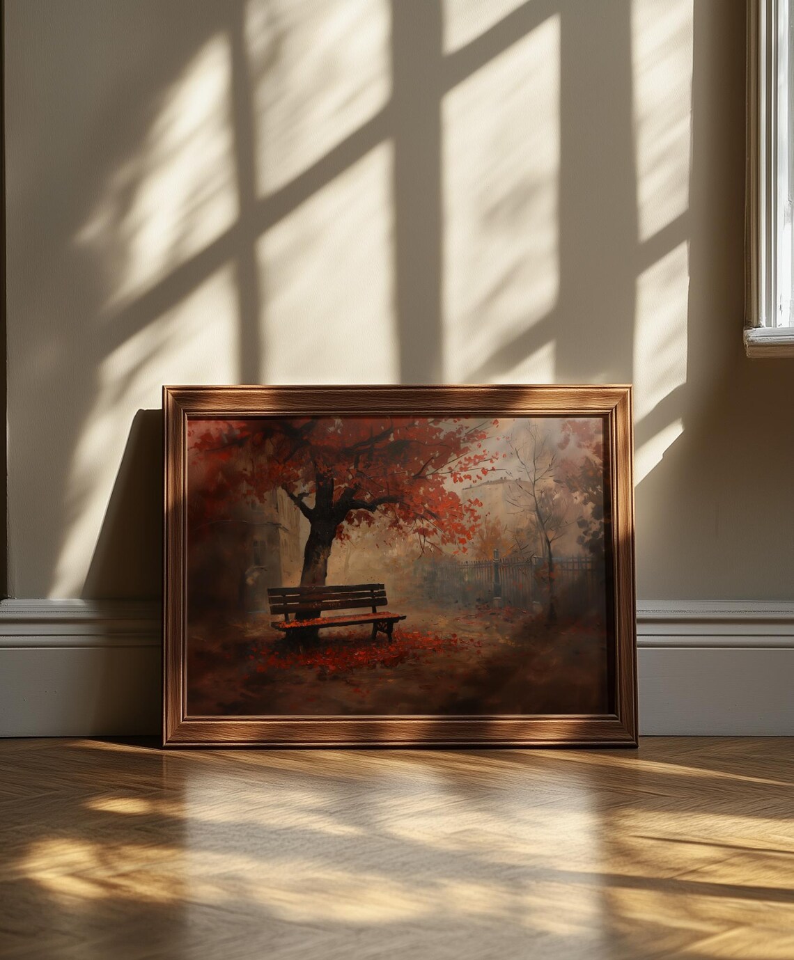 Autumn Park Bench Painting Fiery Red Leaves Misty Morning Poster - Image 2