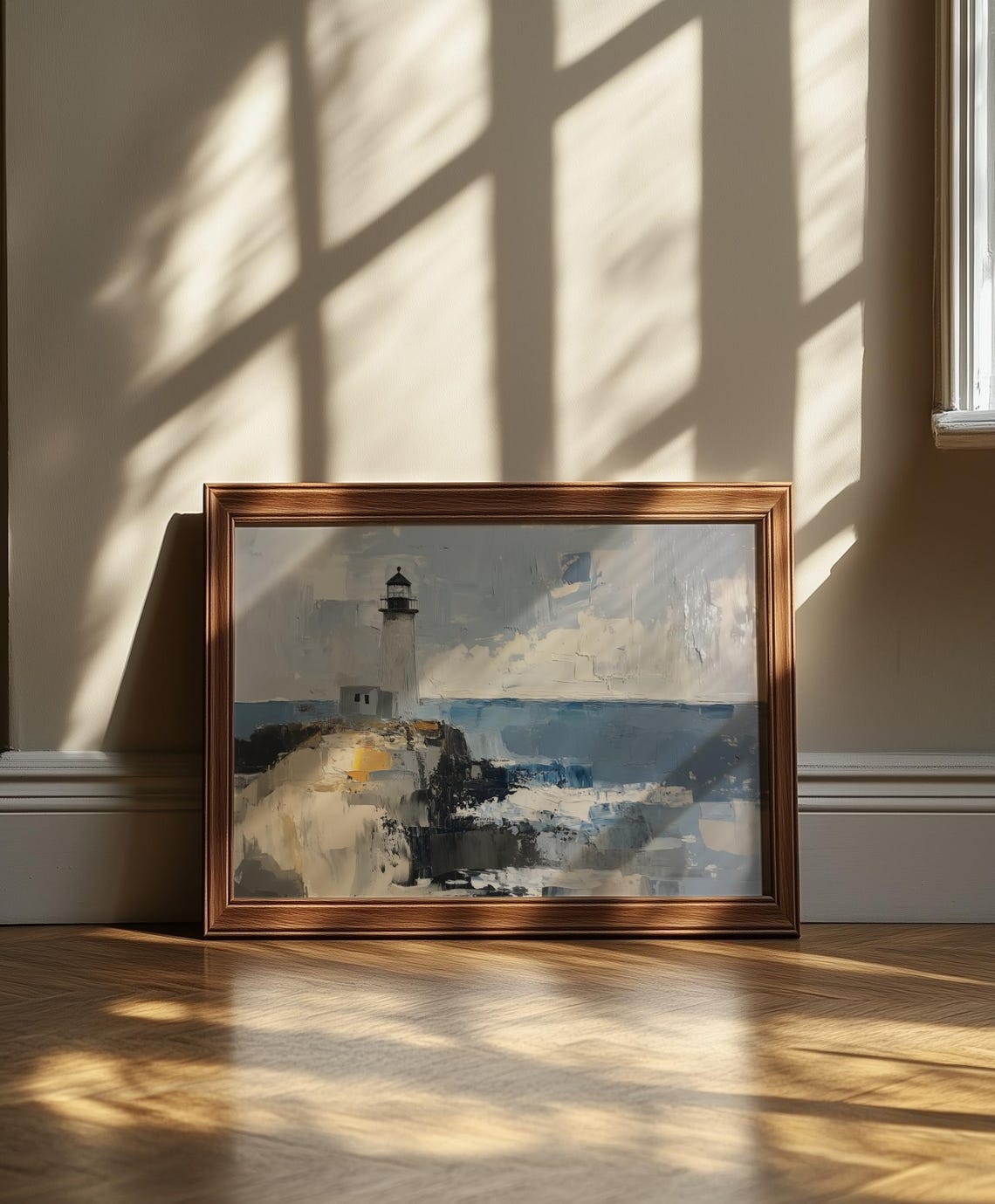Lighthouse On Rocky Cliffs Abstract Coastal Seascape Blue Poster - Image 6