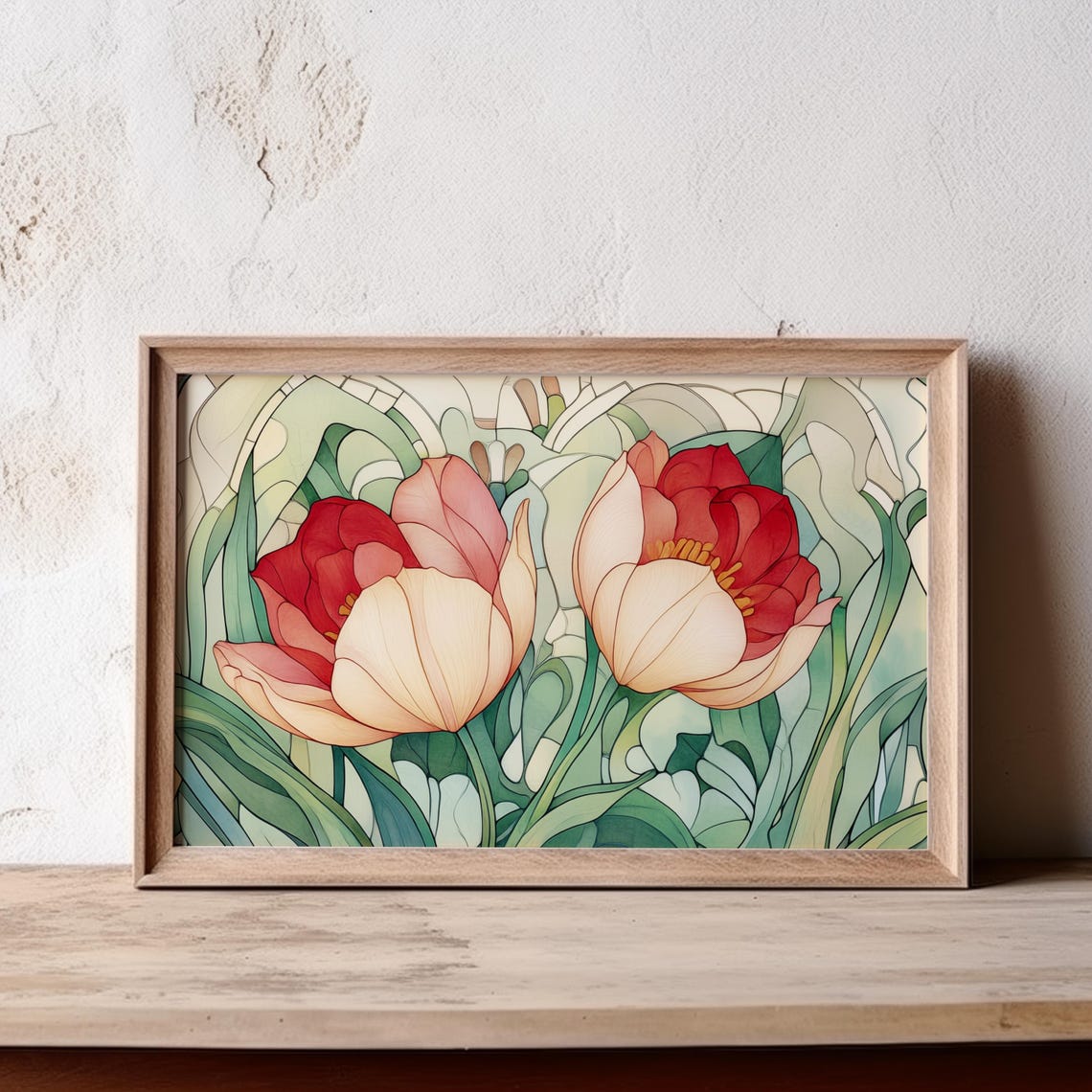 Art Nouveau Red And Cream Tulips Stained Glass Style Floral Poster - Image 5