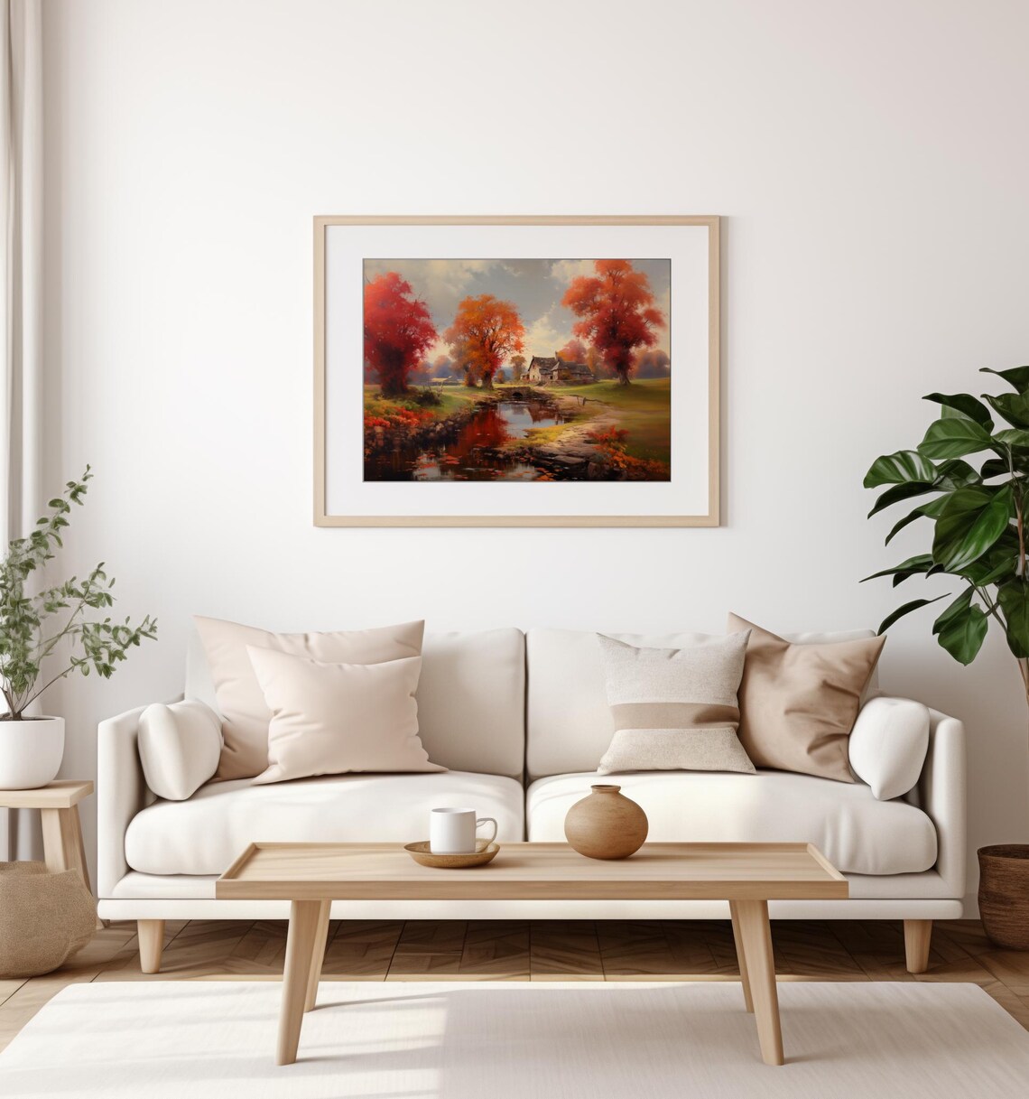 Autumn Village Painting Red Trees By Pond Cottage Scene Poster - Image 3