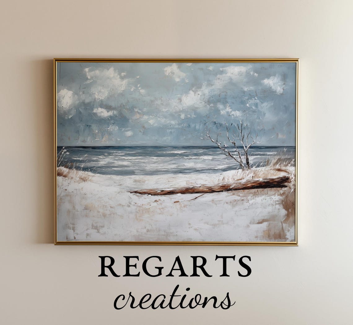 Cold Winter Beach Snowy Driftwood Shore Grey Seascape Poster