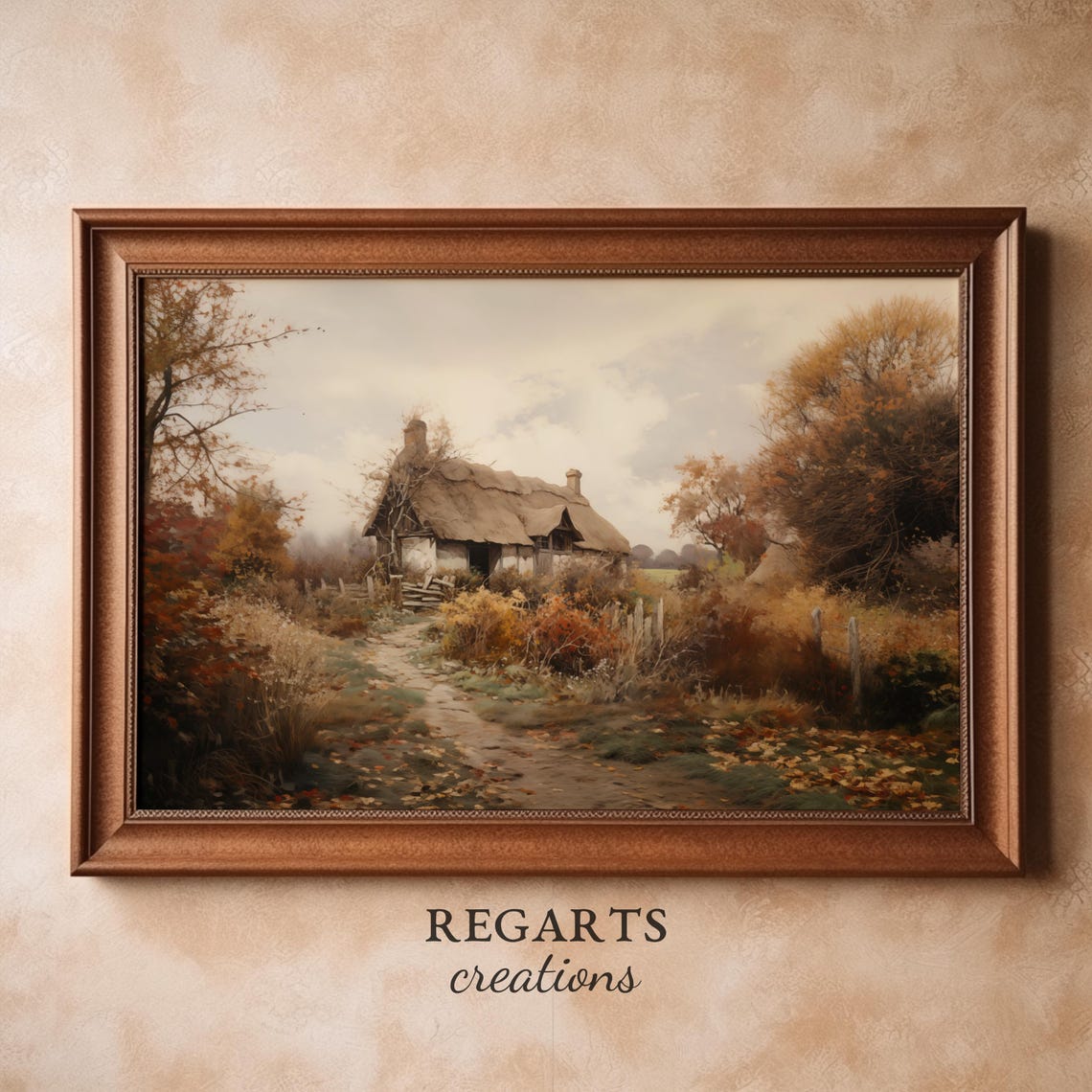 English Thatched Cottage Painting Autumn Foliage Country Path Poster - Image 4