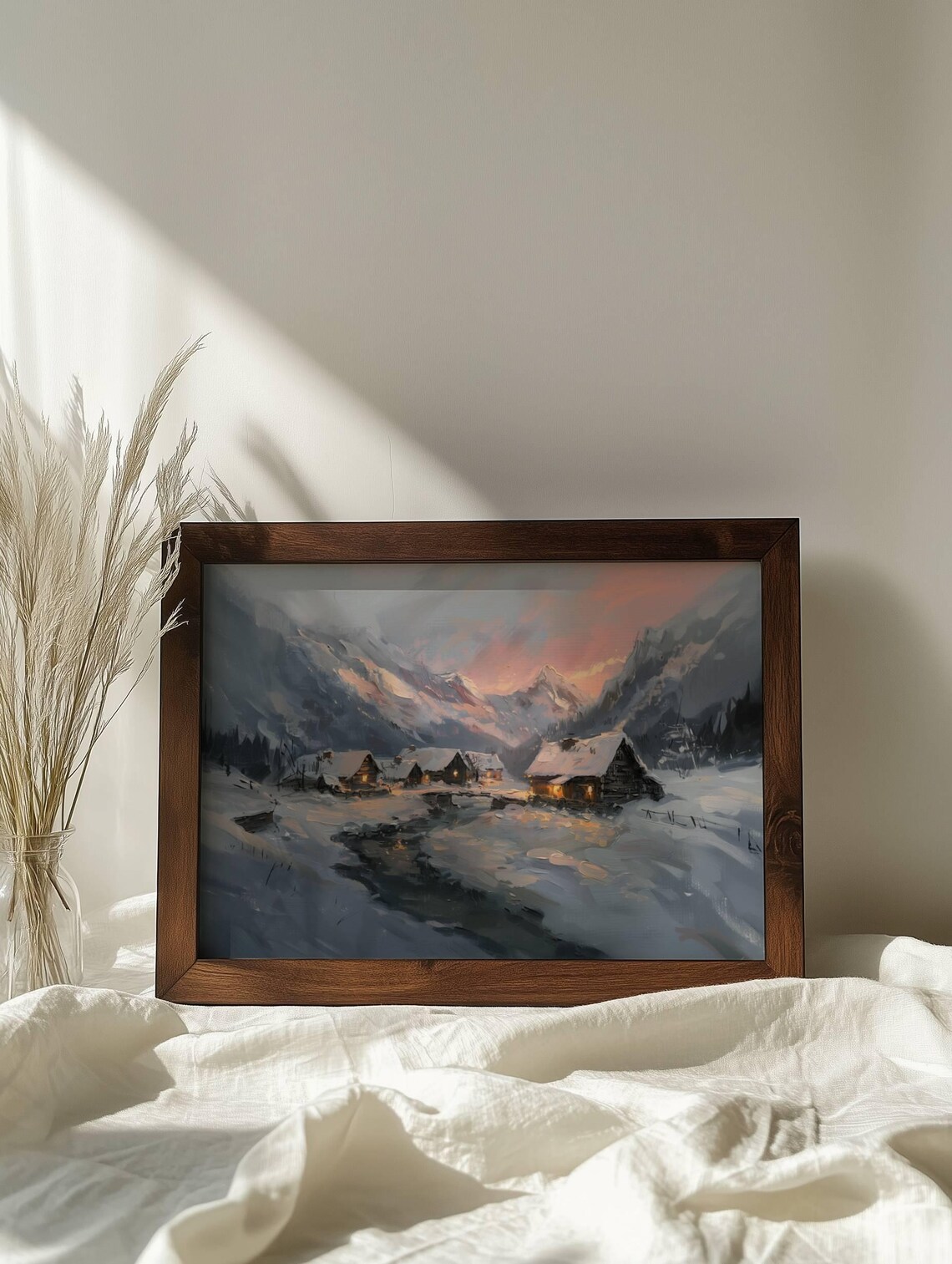 Snowy Alpine Village Cabins At Sunset Mountain Oil Painting Poster - Image 6